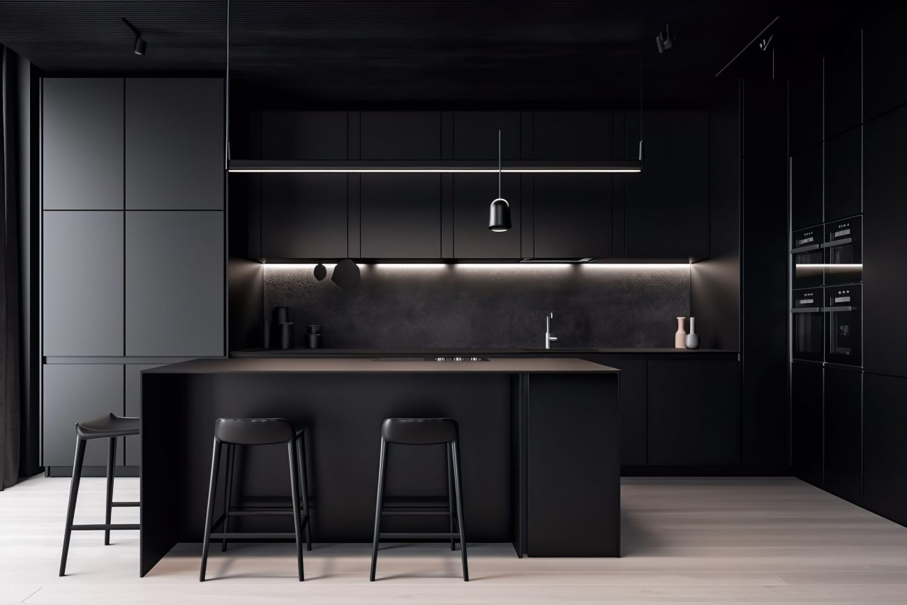 Cuisine moderne de couleur noire au style minimaliste, bande lumineuse sous le comptoir