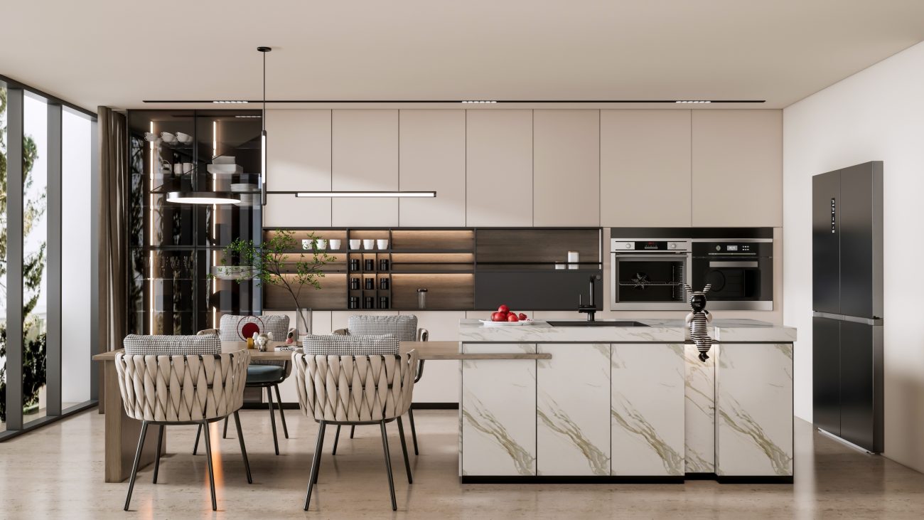 Modern kitchen with dining area adjacent to island and woven fabric chairs