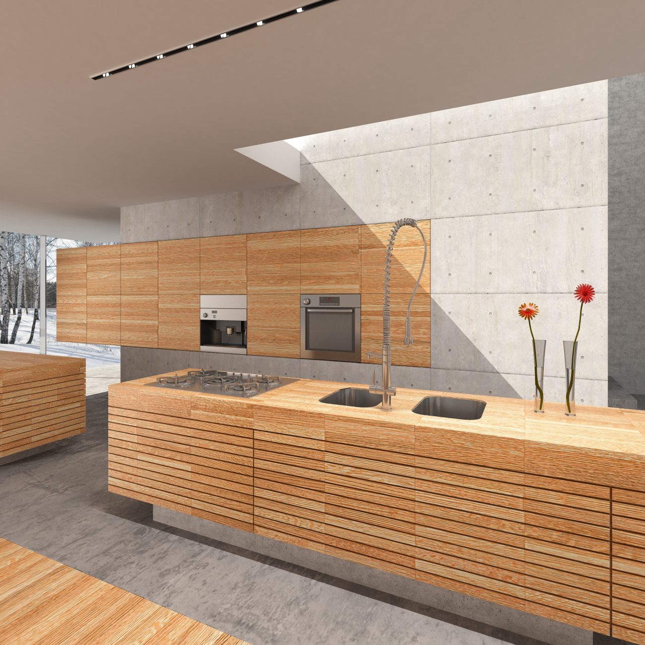 Modern kitchen with pale wood cabinets and island, and cement wall