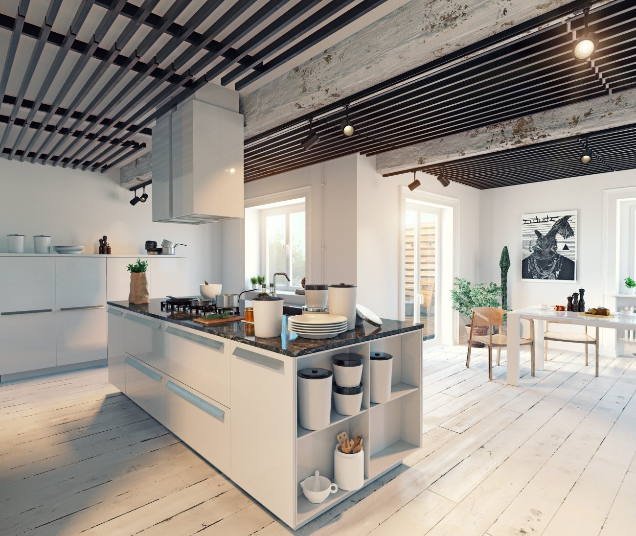 White modern kitchen with black countertop, wood slats on ceiling and white-painted wood floor