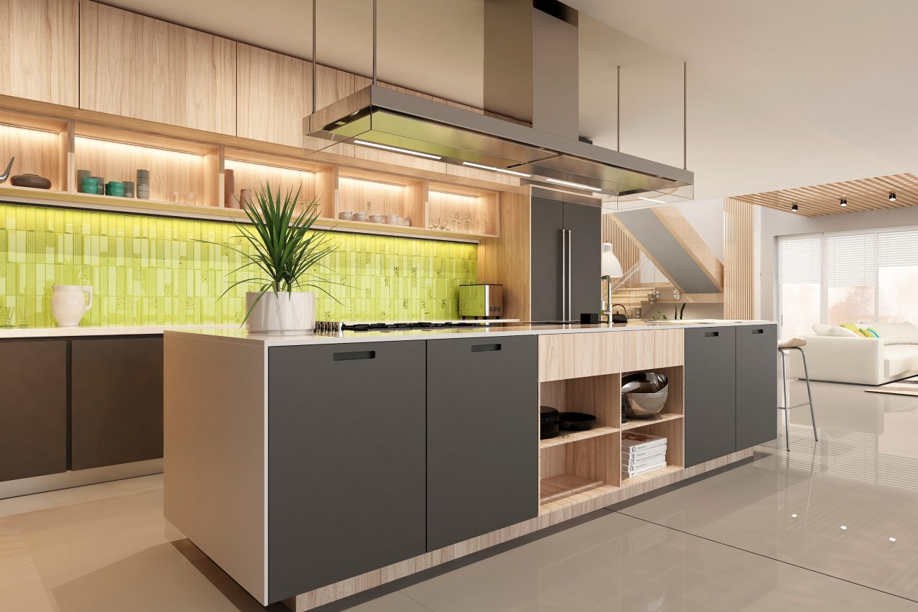 Vertical green tile backsplash in a modern kitchen with grey cabinets and pale wood accents