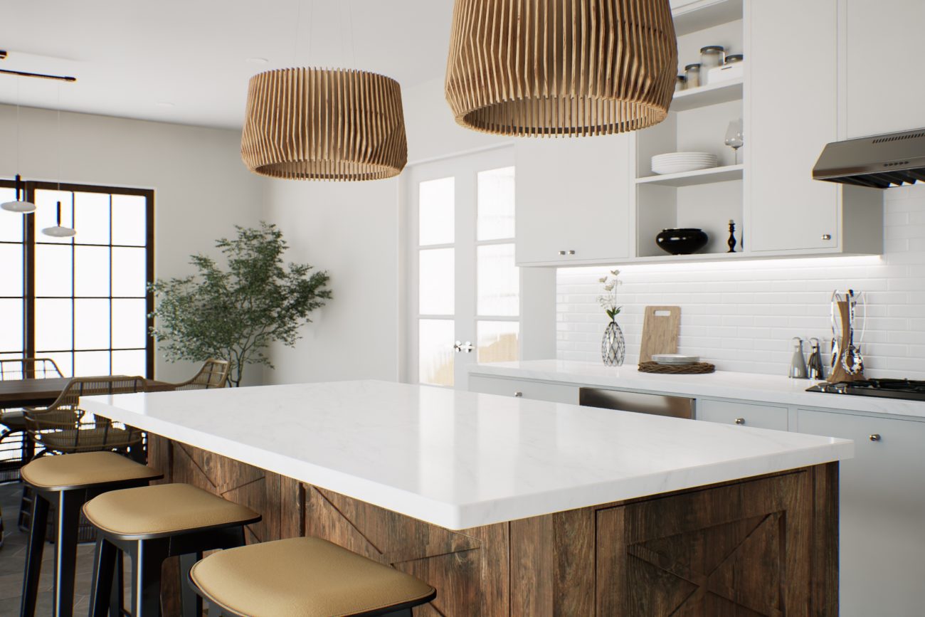 In a bright modern kitchen, light fixtures with wood slat shades above a wood and marble kitchen island