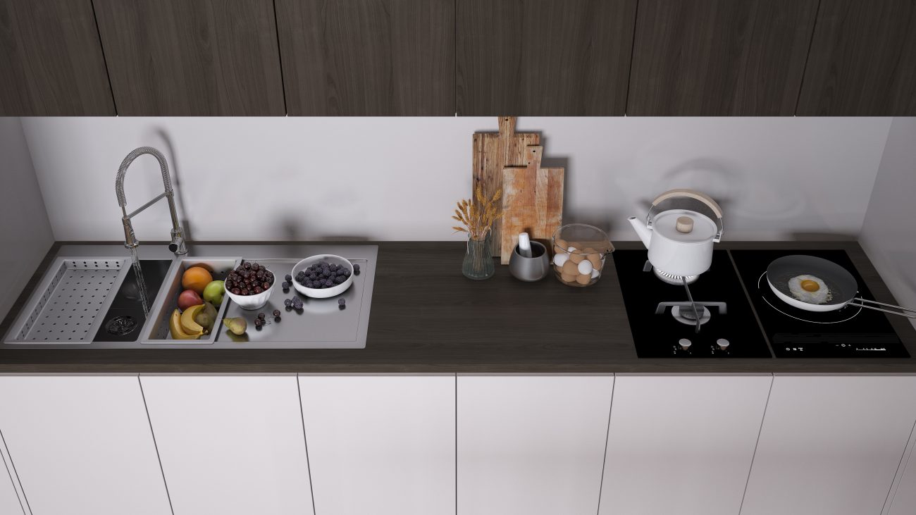 Dark wooden modern kitchen, sink with fruit, hob with pot, fried egg in a pan, wooden cutting boards