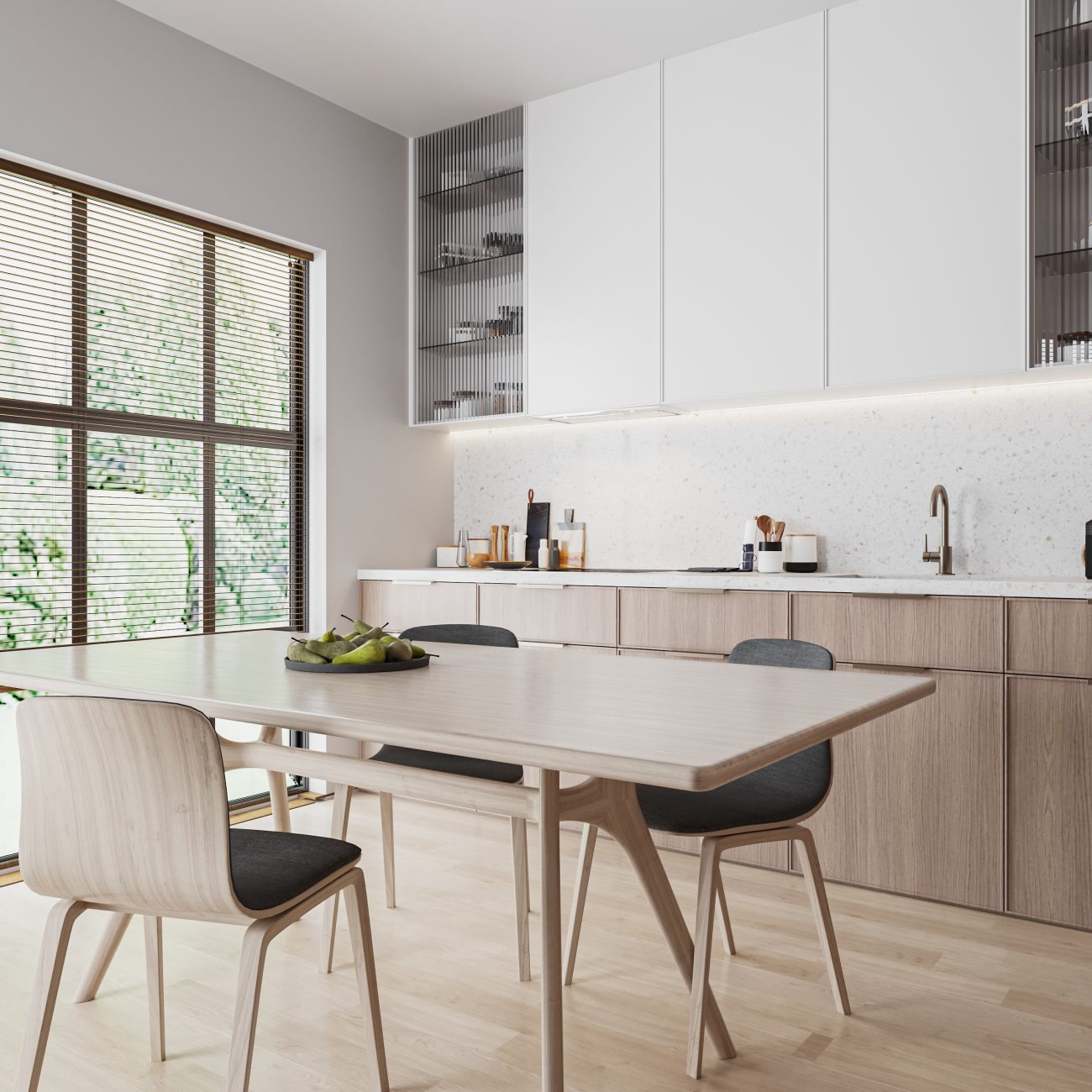 Pale wood Mid-Century modern dining set in a beige and white modern kitchen