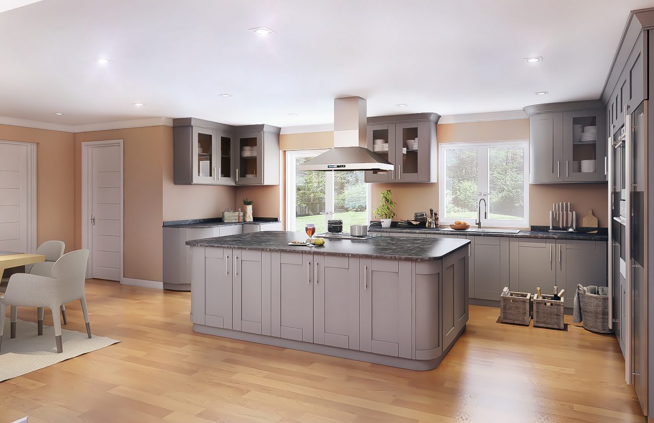 Taupe coloured island and cabinets in a modern kitchen with window sink and wood floor