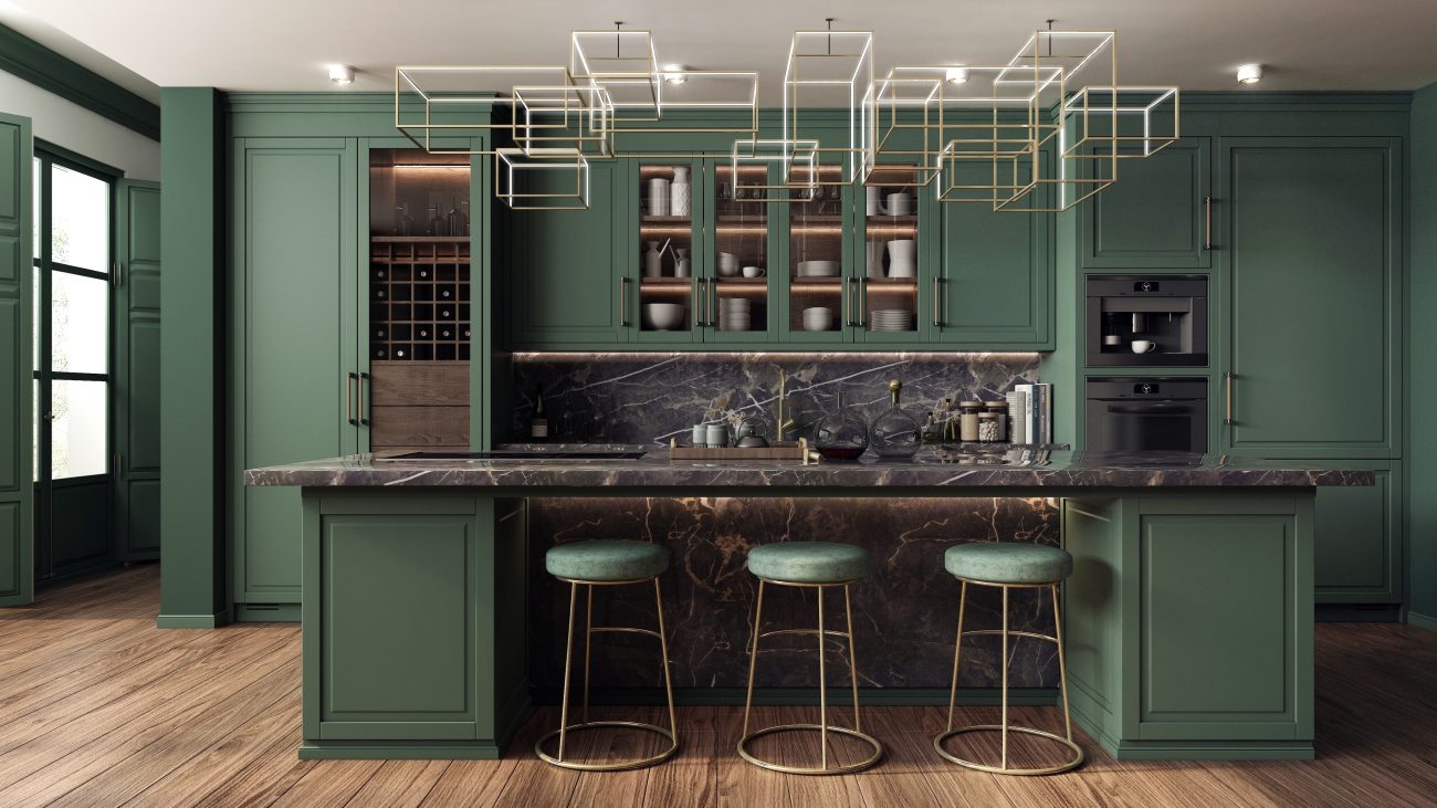 Modern dark green kitchen with geometric lighting fixtures, black marble island countertop and gold details