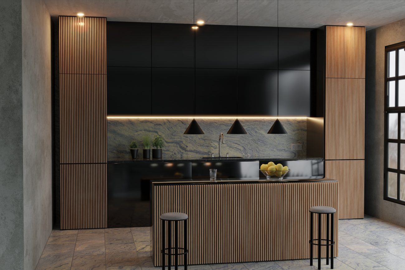 Kitchen cabinets and island in vertical wood slats, black countertop, marbled backsplash and trio of black pendant lights