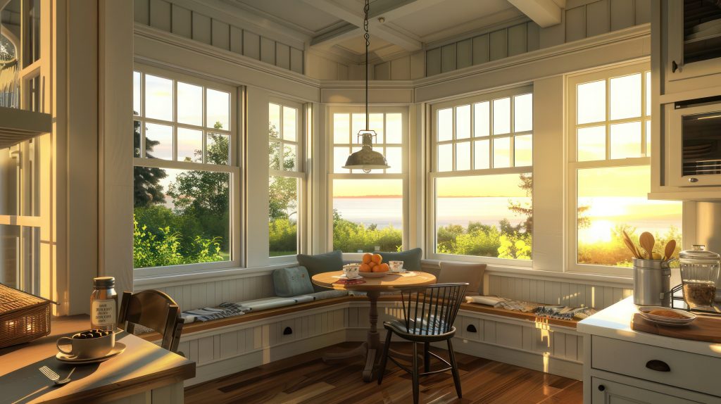 Cuisine de style farmhouse, avec banquettes le long des murs, table ronde, murs lambrissés et fenêtres à carreaux donnant sur un lever de soleil sur un lac