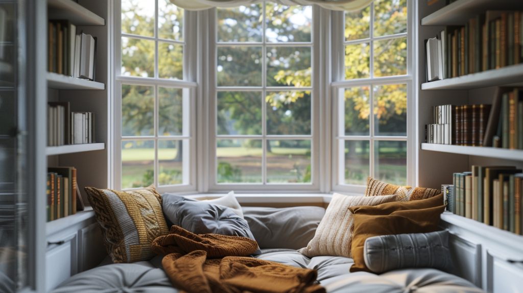 Bay window with panes, framing a reading nook furnished with bookshelves and a plush grey sofa adorned with several cushions and a throw