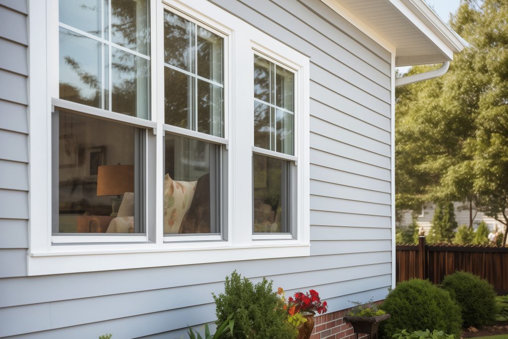 Three single-hung windows, viewed from the exterior of a light grey-clad bungalow