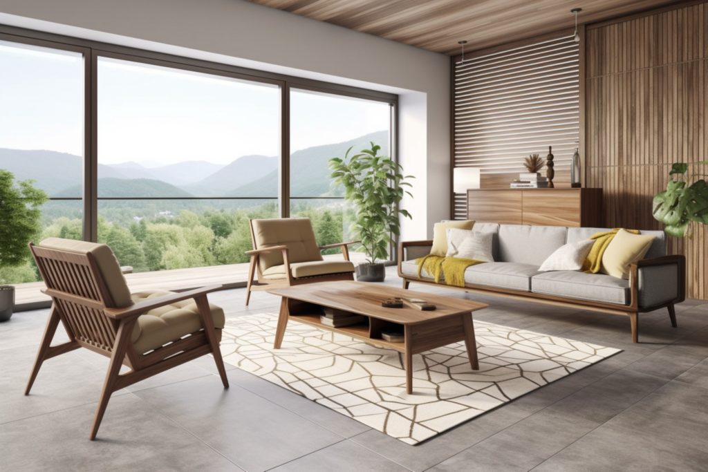 Mid-century Modern style living room, including a sofa, two armchairs, a wood coffee table, a crackle-patterned rug, and a panoramic window overlooking a green mountain landscape