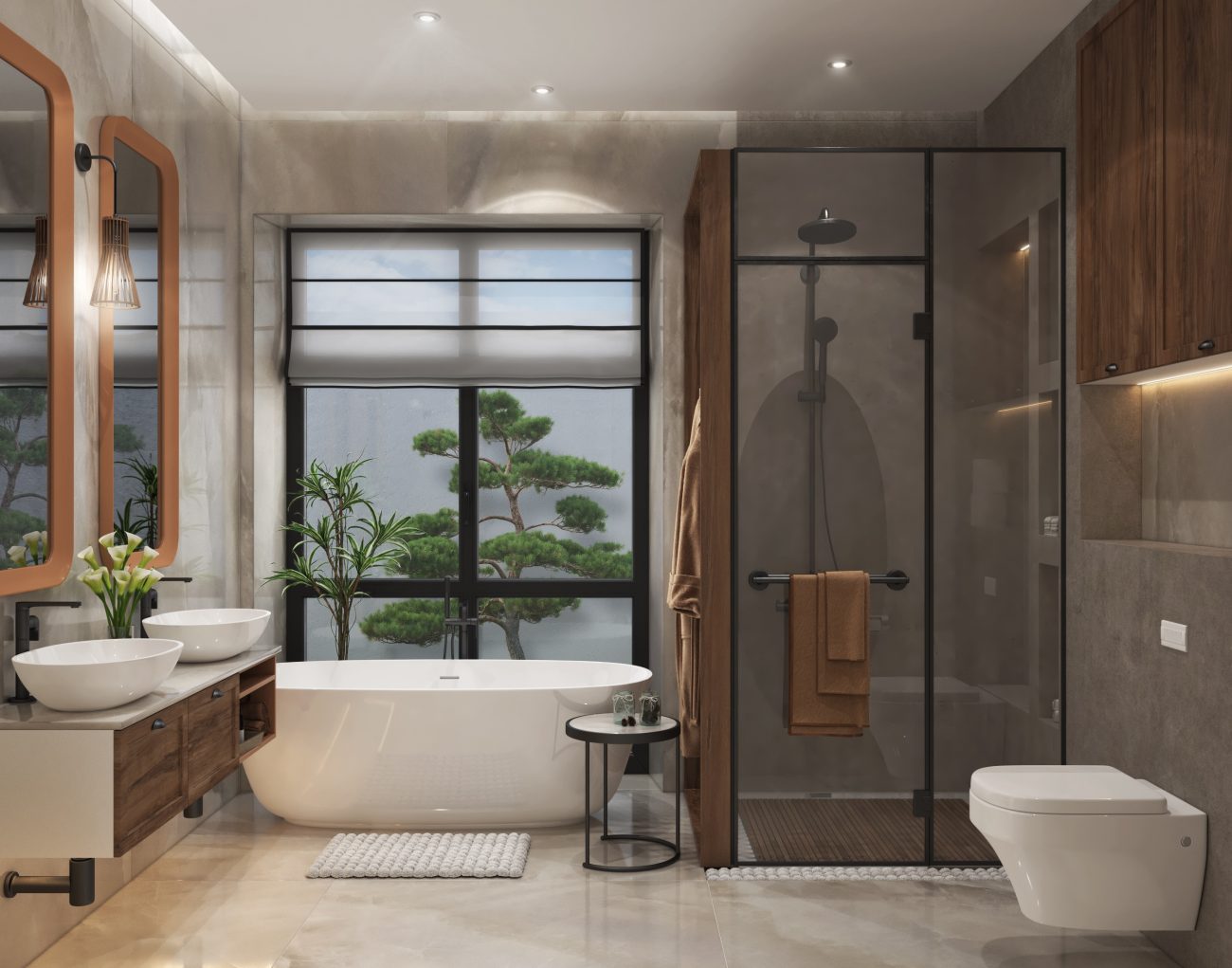 Luxurious oriental-inspired bathroom with black-framed window and mullions, fabric blind rolled up on a window overlooking a bonsai, corner shower with frosted glass, freestanding bathtub, wooden drawer vanity with two porcelain basins, and two tall mirrors