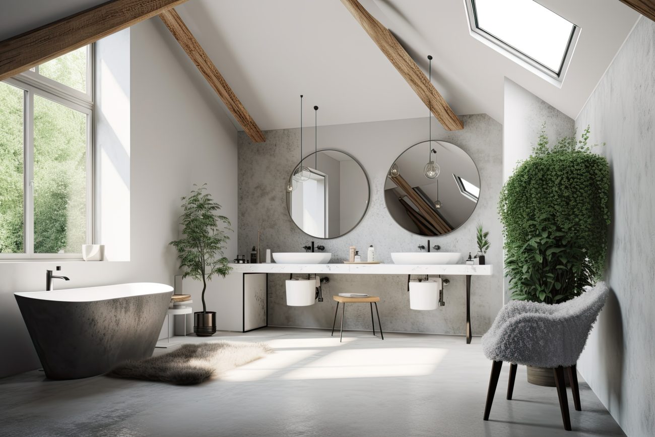 Spacious and luxurious bathroom with cathedral ceiling adorned with wooden beams and pierced by a skylight, pearl grey accent wall with two large round mirrors, double basin table, wooden bench, grey bouclé chair, and tall plant