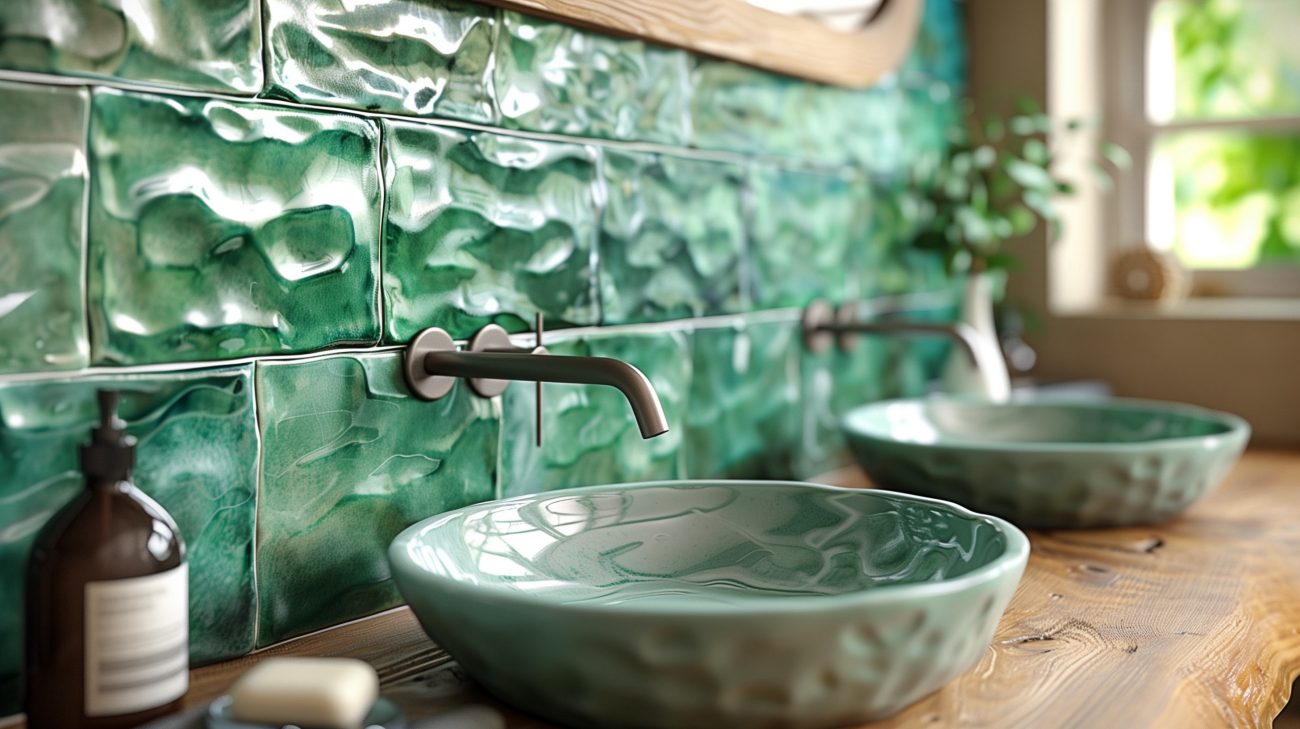 In a luxurious bathroom, a wall covered with emerald green rectangular zellige tiles, a wooden countertop with two jade green porcelain basins, a pump bottle, and a soap dish