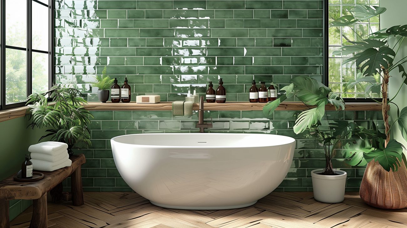 Bright luxury bathroom with leaf green metro-style zellige tile wall, freestanding white oval bathtub, wooden shelves and bench with several pump bottles, and numerous plants including monsteras