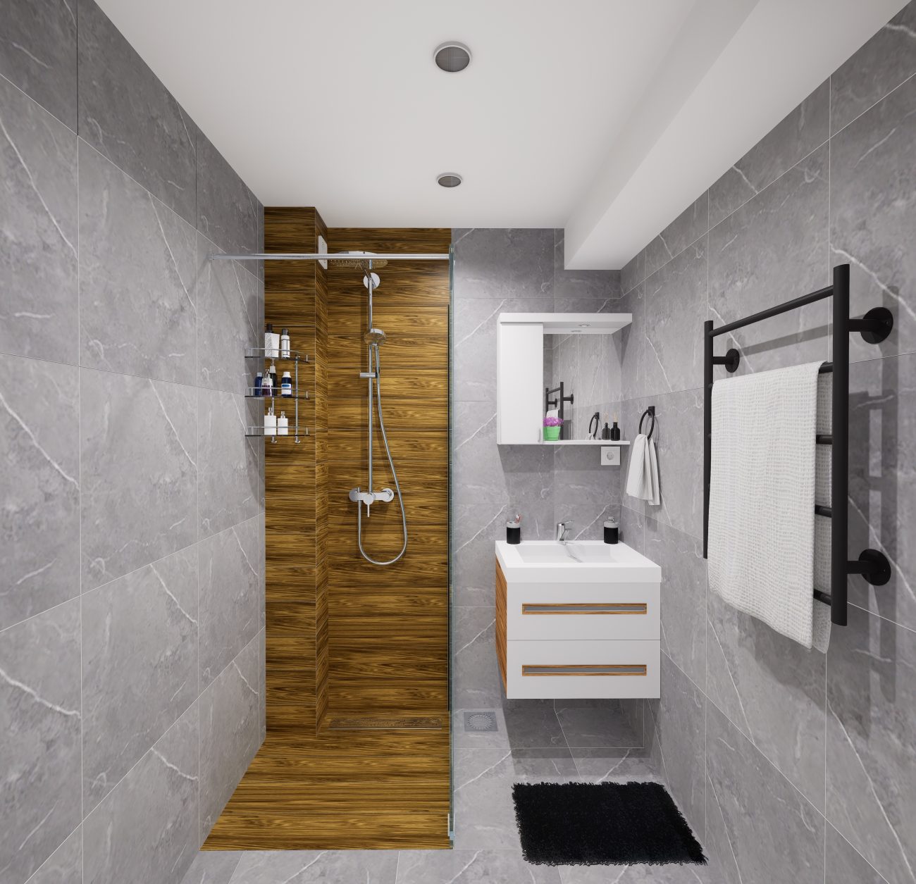 Narrow bathroom with limestone tile walls and floor, shower area with wood-grain effect material, small vanity with two drawers, shelf with closed storage, and black towel rack