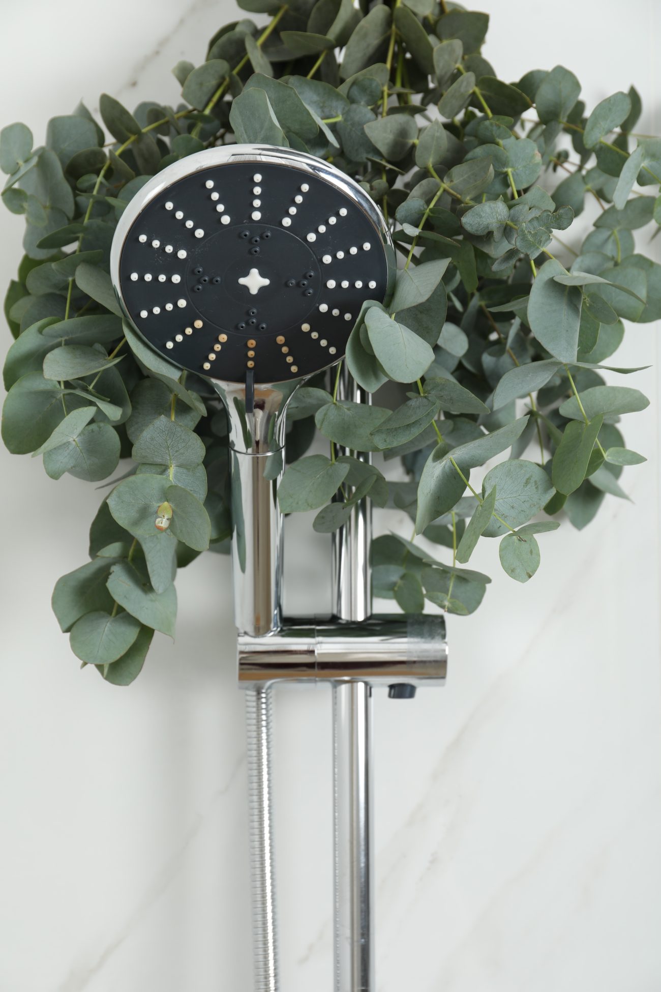 Detail of a sliding shower with a showerhead surrounded by eucalyptus leaves