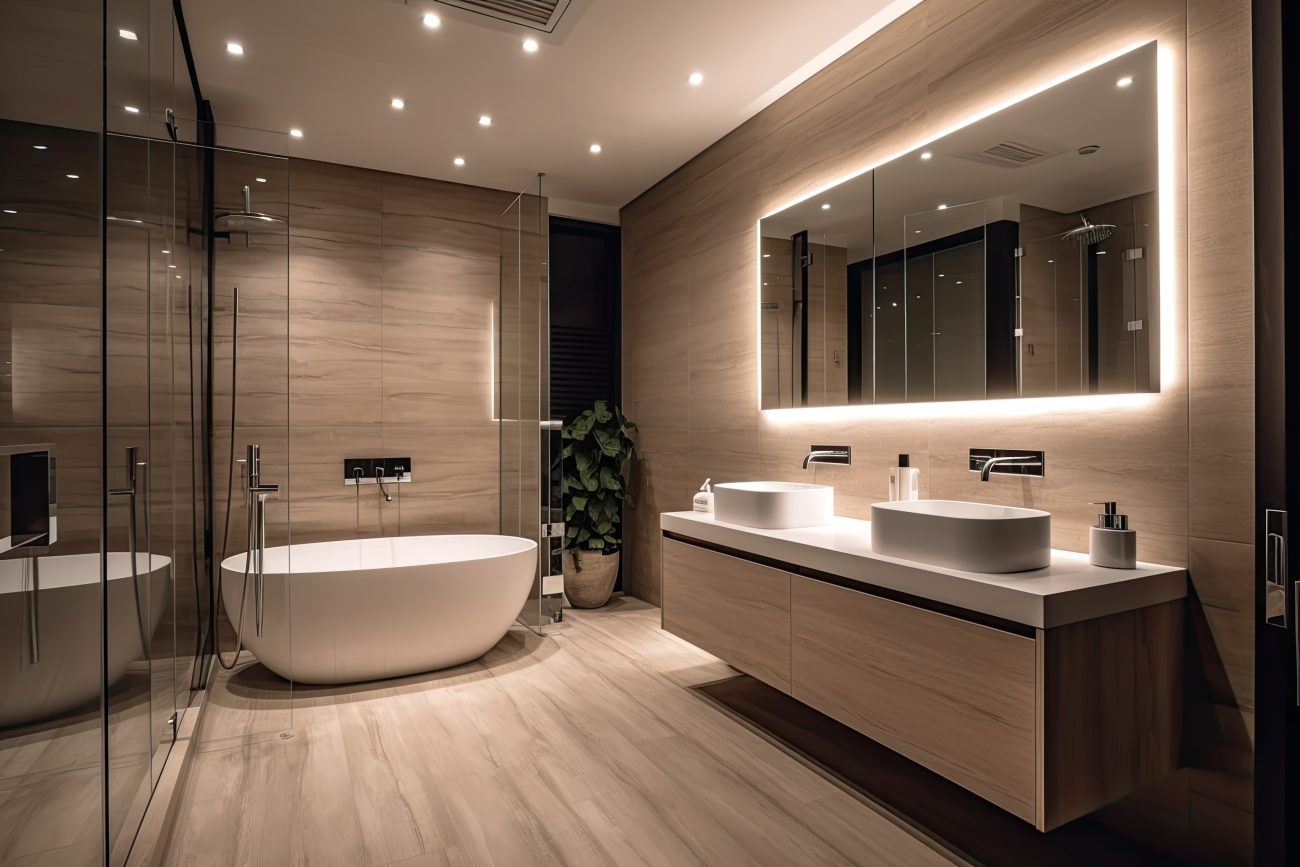 Luxurious bathroom with travertine walls and floor, freestanding white oval bathtub, floating vanity with two basins, wide retro-lit tinted mirror, and small recessed ceiling spots