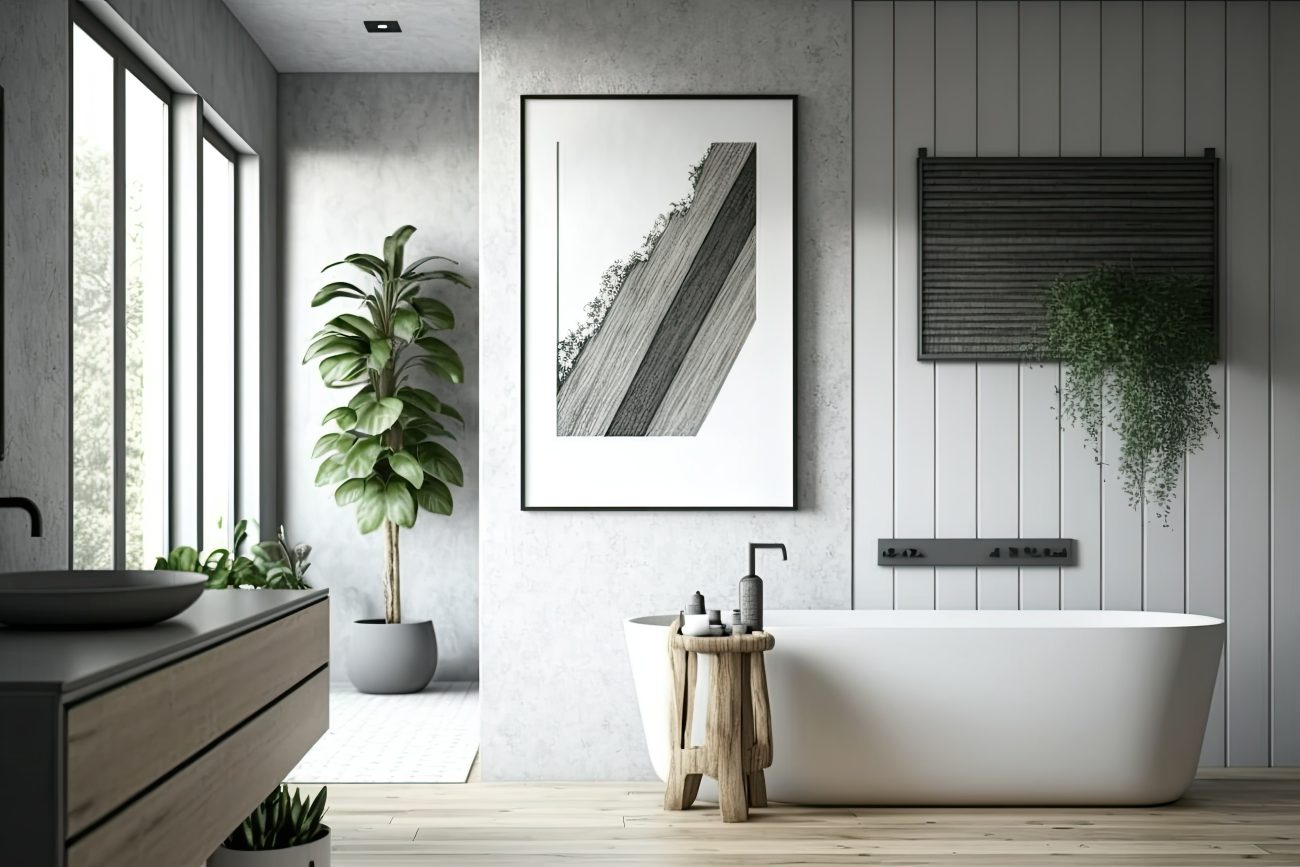 Luxury bathroom in pearl grey tones, panelled wall adorned with an abstract painting and a piece with delicate foliage, Japanese wooden stool for care products, freestanding bathtub, potted tree near large windows