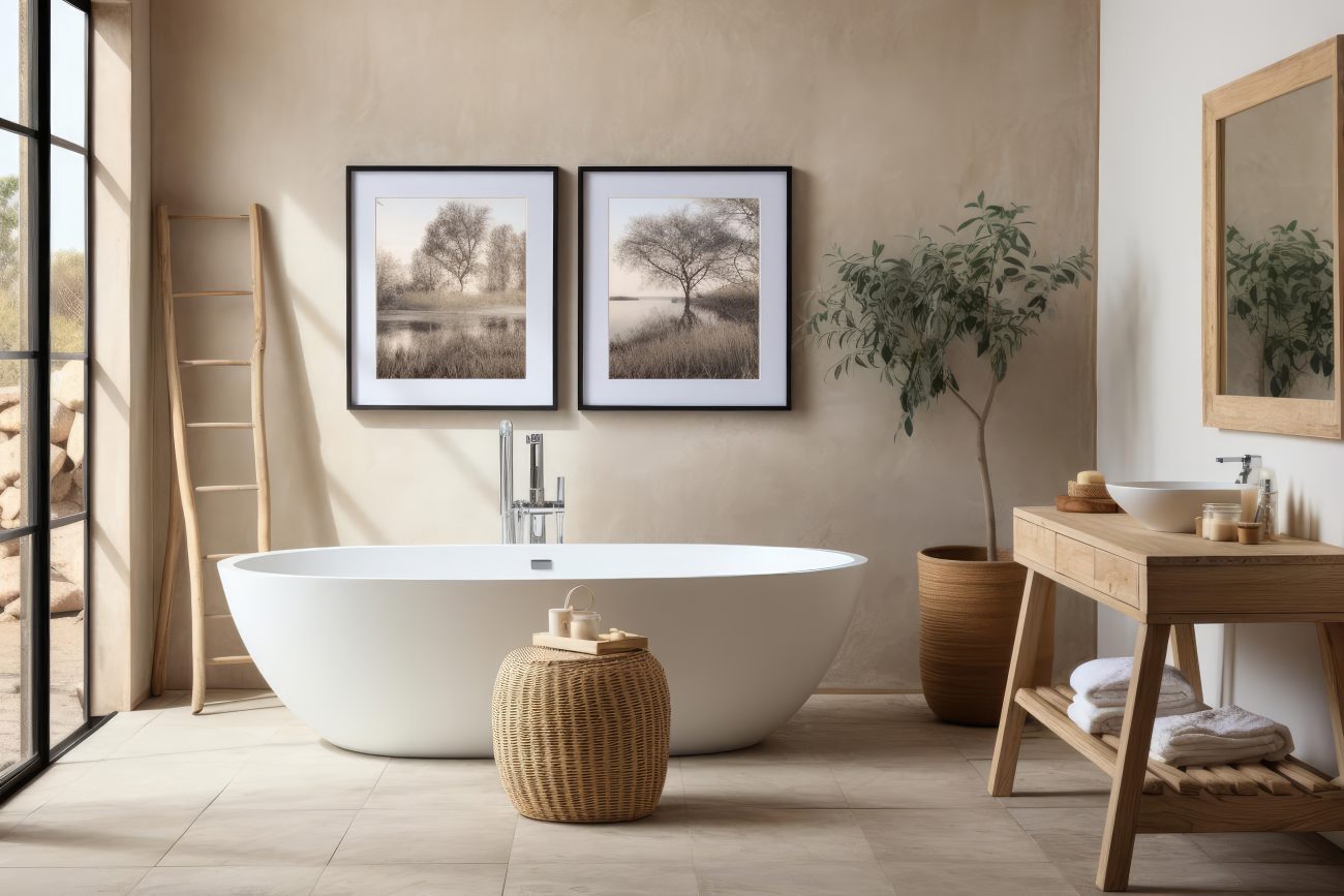 Scandinavian-style bathroom with oat-coloured accent wall adorned with two landscape frames, light wood vanity with shelf, white porcelain basin, woven fibre pouf, wooden ladder, and olive tree in a terracotta pot