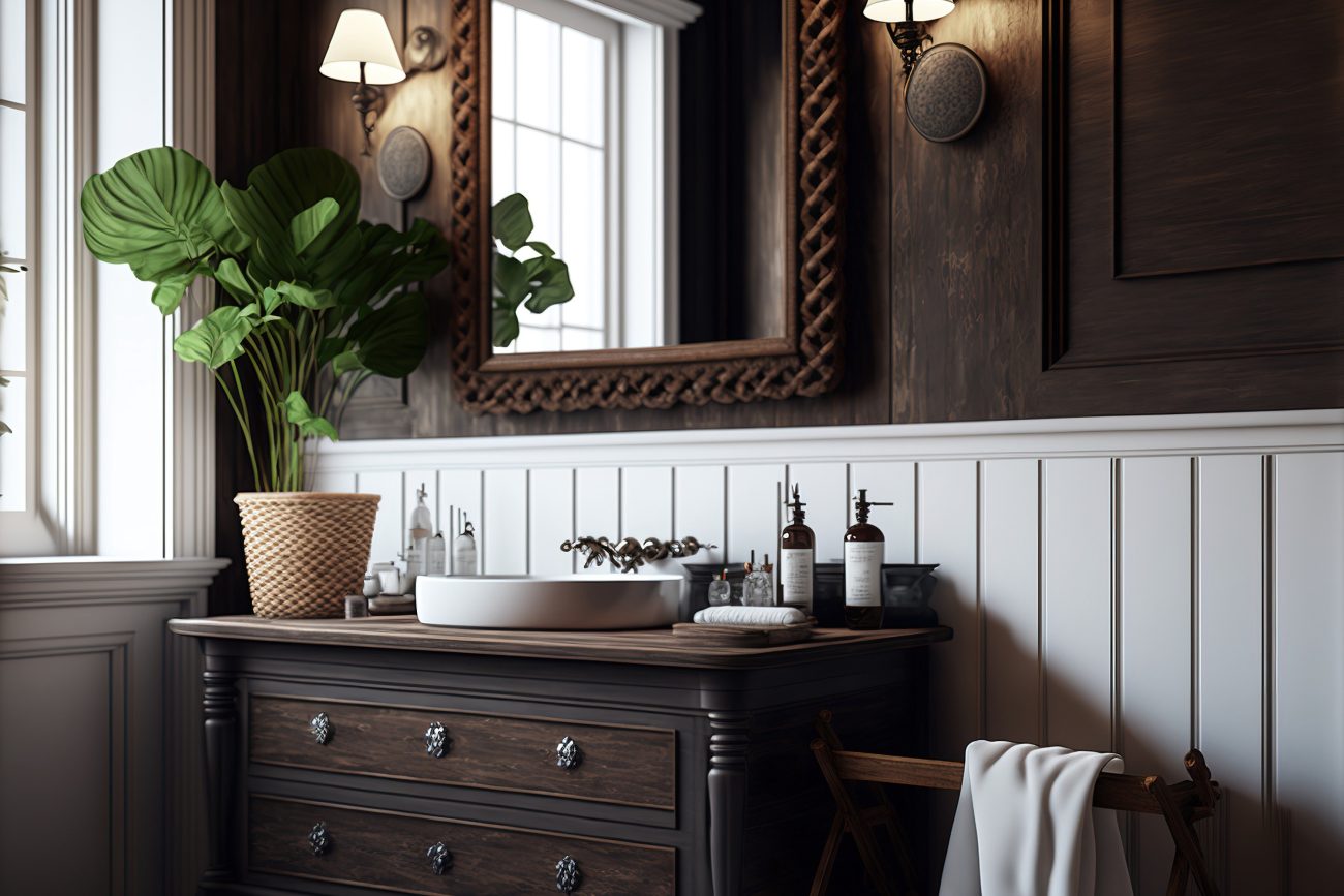 Dans une salle de bain luxueuse, vasque en porcelaine blanche sur meuble-lavabo en bois foncé avec tiroirs, miroir à cadre en bois sculpté, mur en bois peinturé brun chocolat et en lambris blanc, deux lampes murales à abat-jour, plante dans un pot tressé