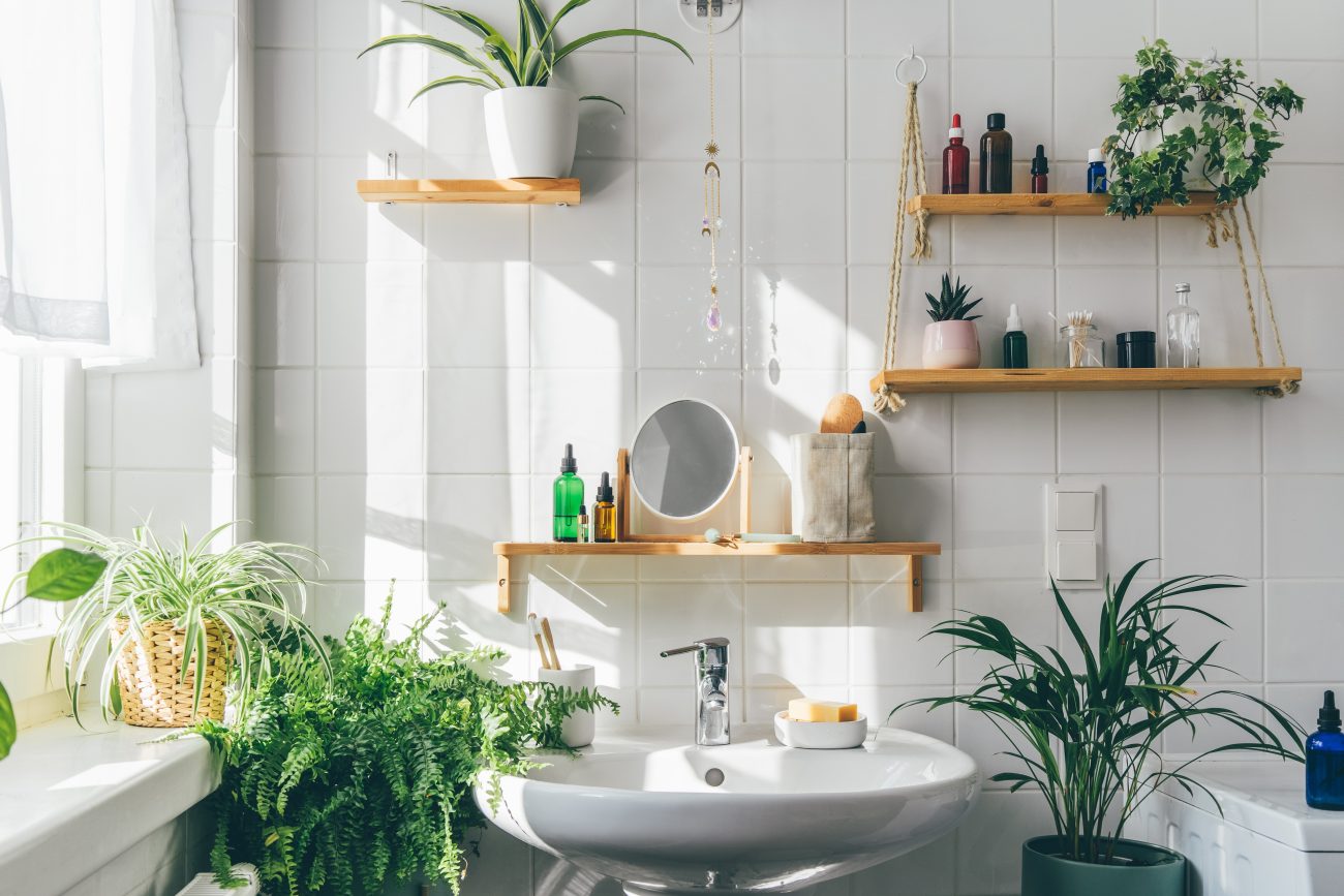 Salle de bain ensoleillée aux murs couverts de grands carreaux blancs et d’étagères en bois qui soutiennent des plantes vertes, des produits de soin, lavabo sur colonne en porcelaine blanche