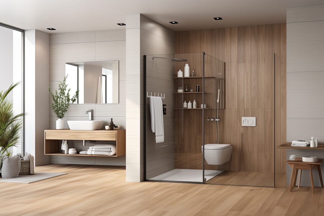 Salle de bain de luxe et spacieuse, avec mur séparant la zone toilette-douche de la zone meuble-lavabo. Plancher et meuble-lavabo en bois, vasque en porcelaine blanche, douche protégée par cloisons en verre, avec étagères et tabouret en bois à la japonaise pour accueillir serviettes et produits de beauté