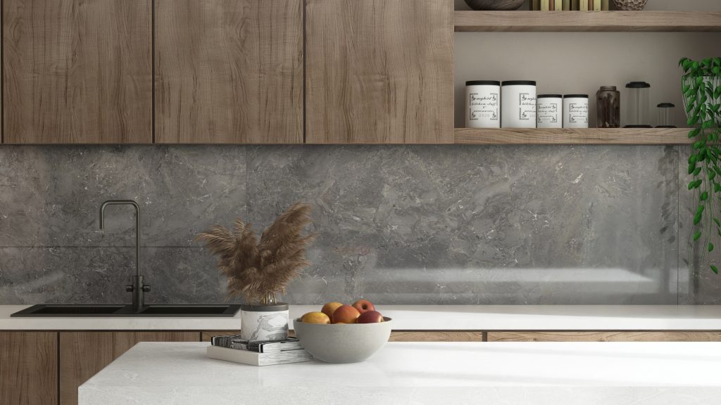 Wood cabinets and gray stone backsplash