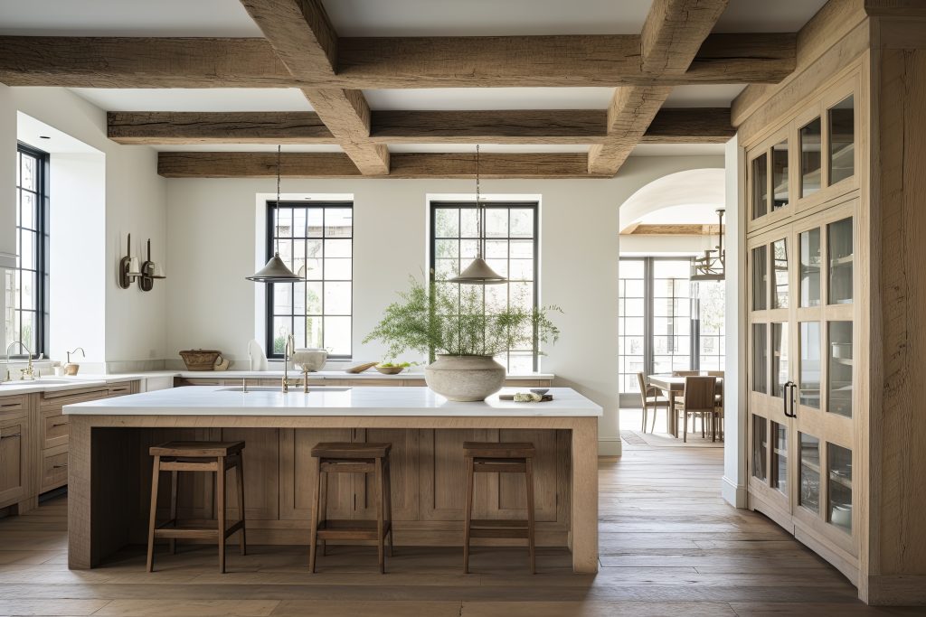 Cuisine farmhouse à l’intérieur classique avec poutres en bois et grandes fenêtres