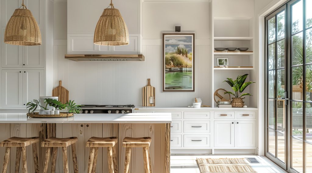  Coastal kitchen with rattan fixtures, wood benches, plants and decorative frame  