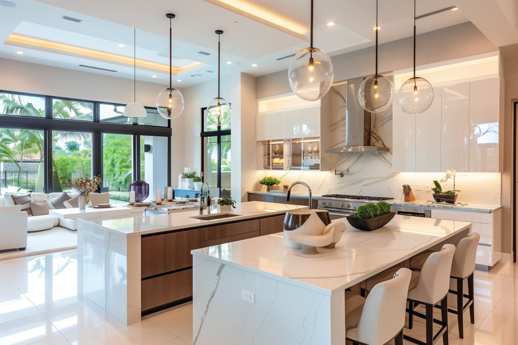 Spacious kitchen featuring two white marble islands with integrated drawers and glass pendant lights