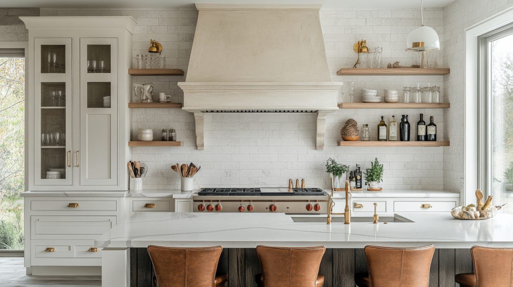 Organic kitchen with white stone wall, built-in plaster hood and open shelves