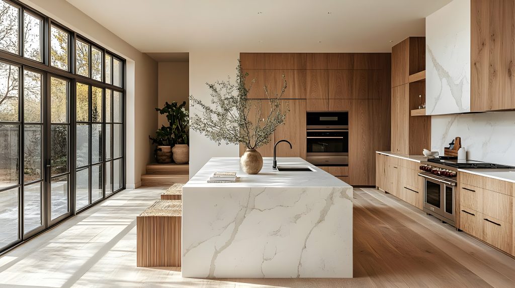 Kitchen with huge marble island, wood cabinets and black-framed windows