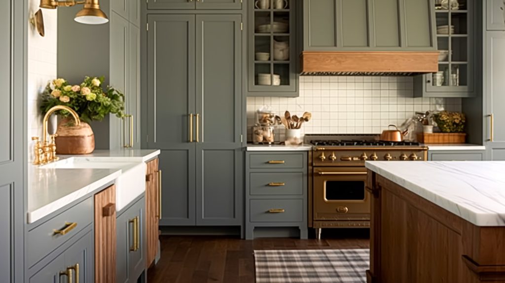 Modern, rustic kitchen with gold faucets, copper stove, tiled backsplash and island with marble countertop 