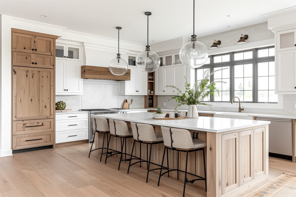 Trio of spherical lights above a white oak kitchen island in a farmhouse décor  