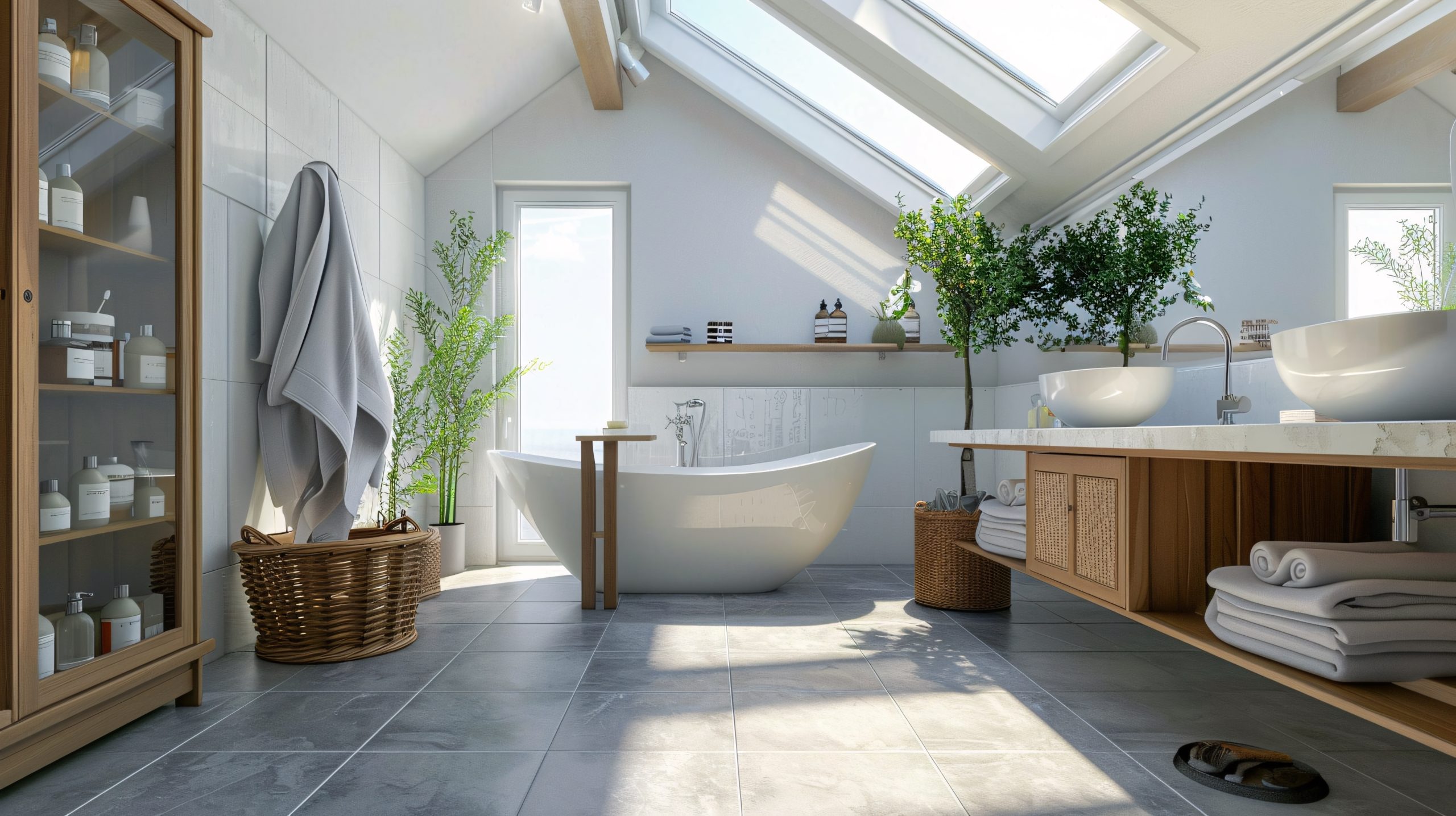 Large, bright bathroom with rattan basket and wooden glass cabinet with accessories 