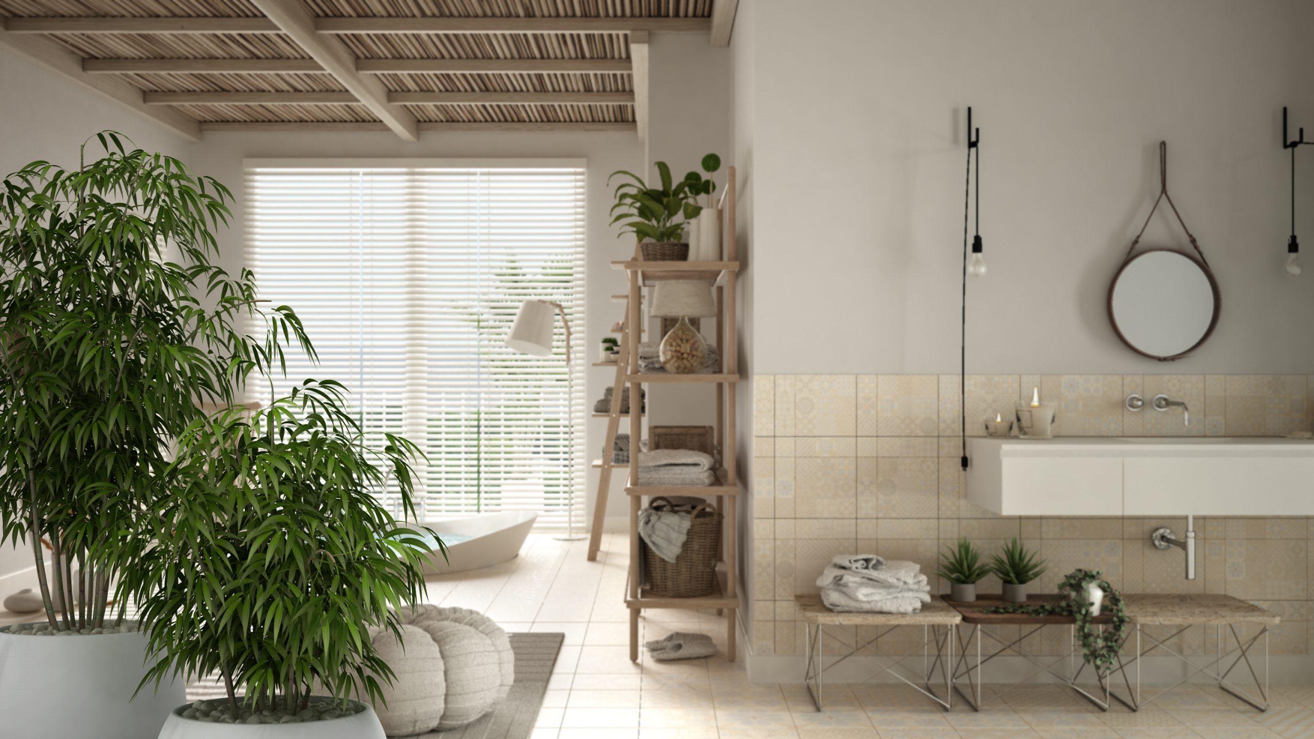 Salle de bain nature garnie de plantes avec une étagère ouverte, une vanité suspendue et un petit miroir rond