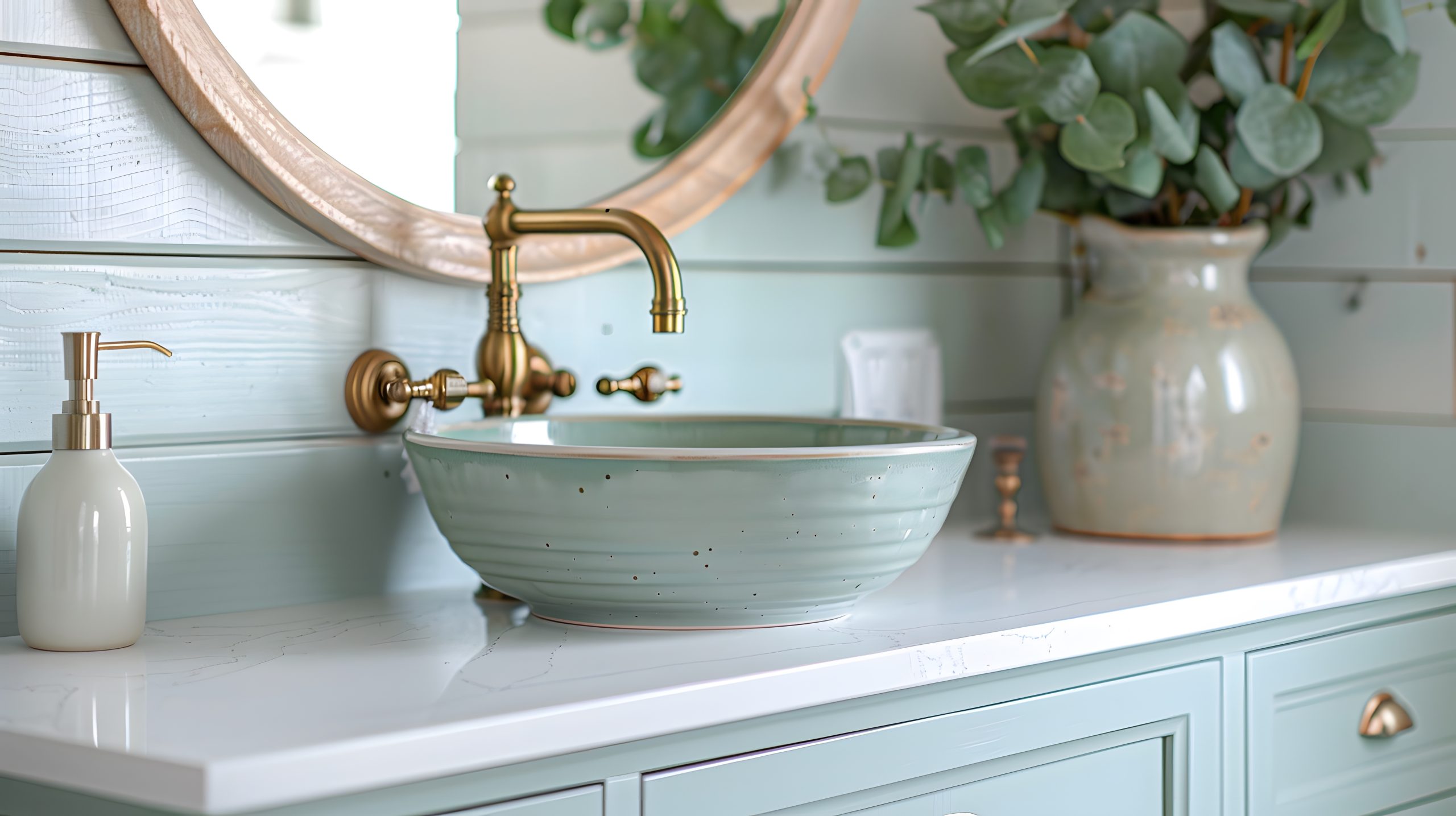 Bathroom vanity with aqua blue cabinetry and white countertop  