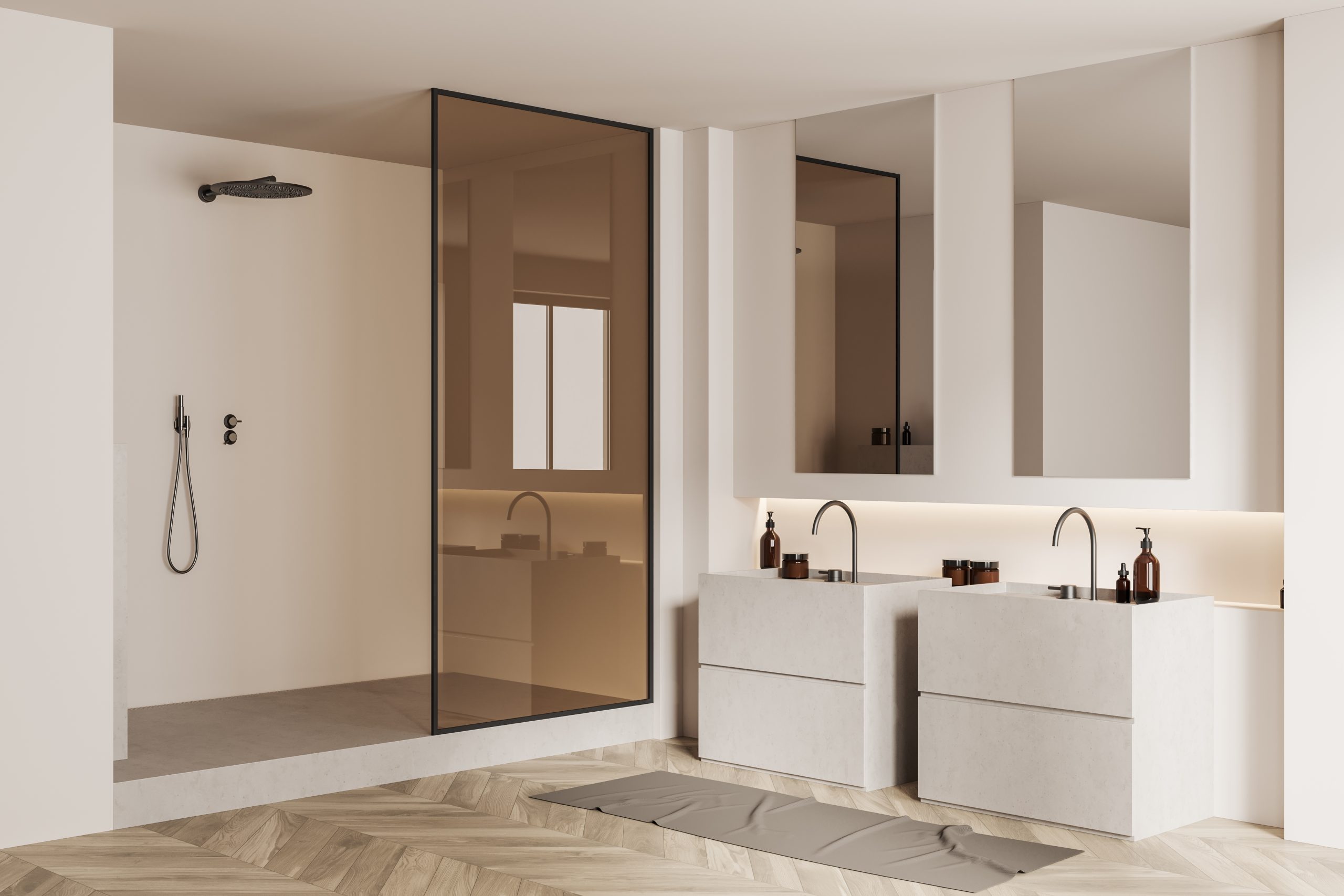 Bathroom with shower, mirrors, separate washbasins, white walls and oak parquet flooring 