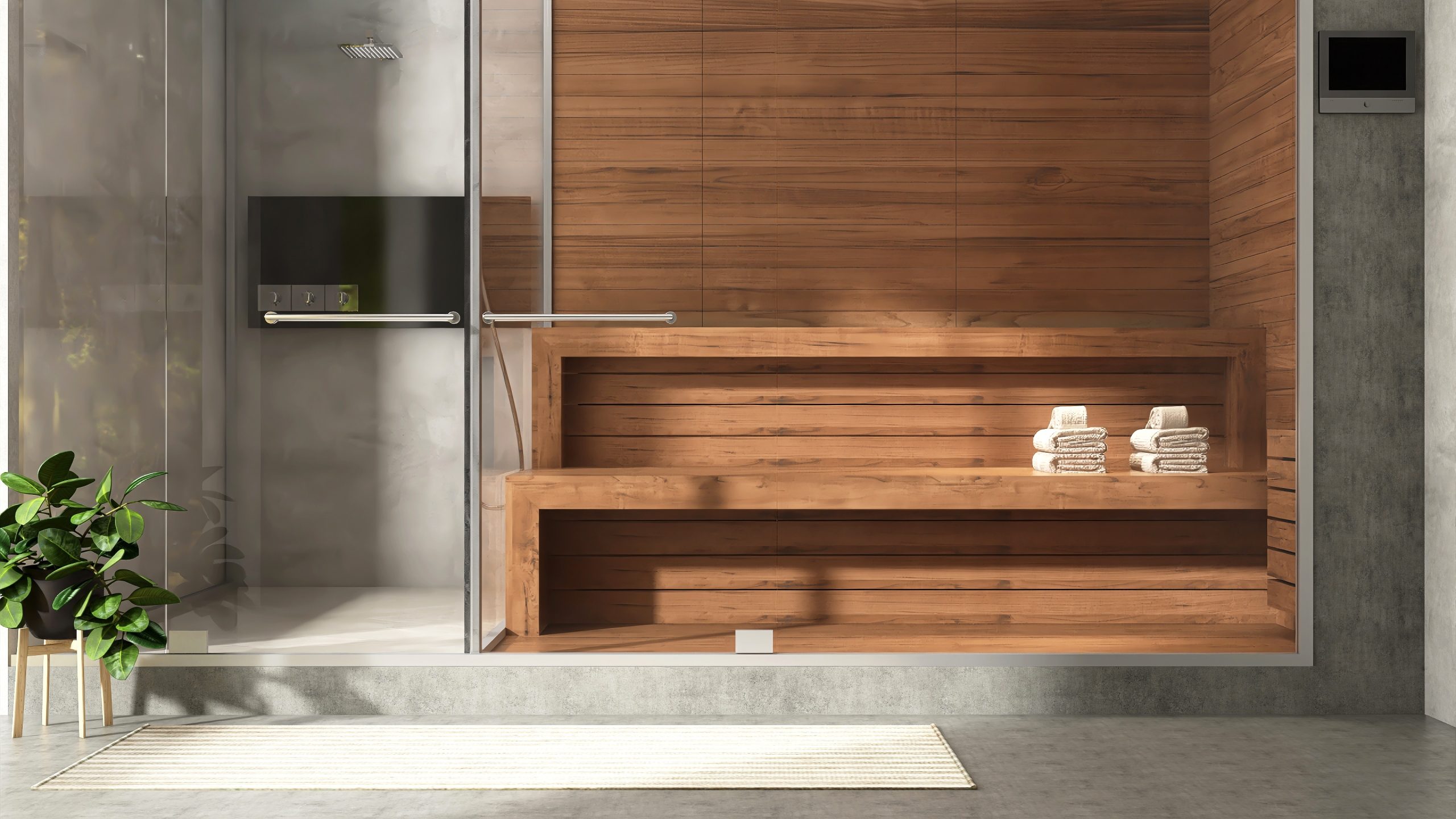 Modern wood sauna and glass shower in a bathroom with polished cement floor 