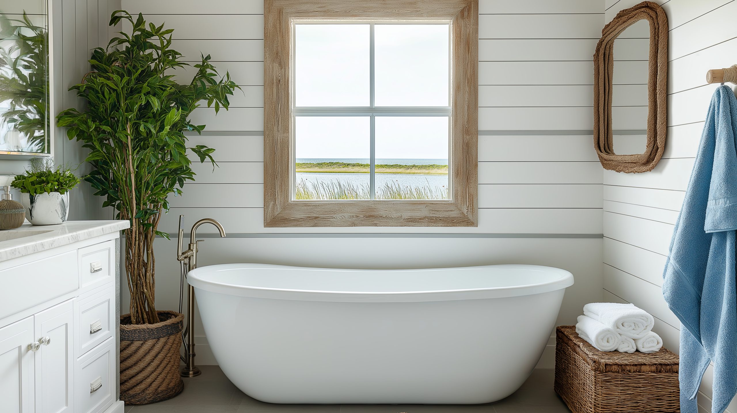 Country-style bathroom with white wood panelling on walls 