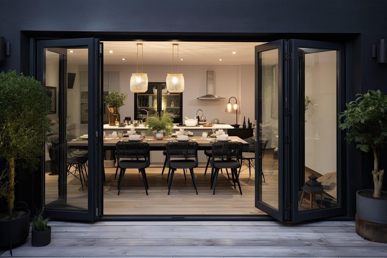 Portes-fenêtres pliantes à cadre noir, ouvertes sur une pièce à aire ouverte comprenant une salle à manger à longue table et une cuisine avec un îlot central