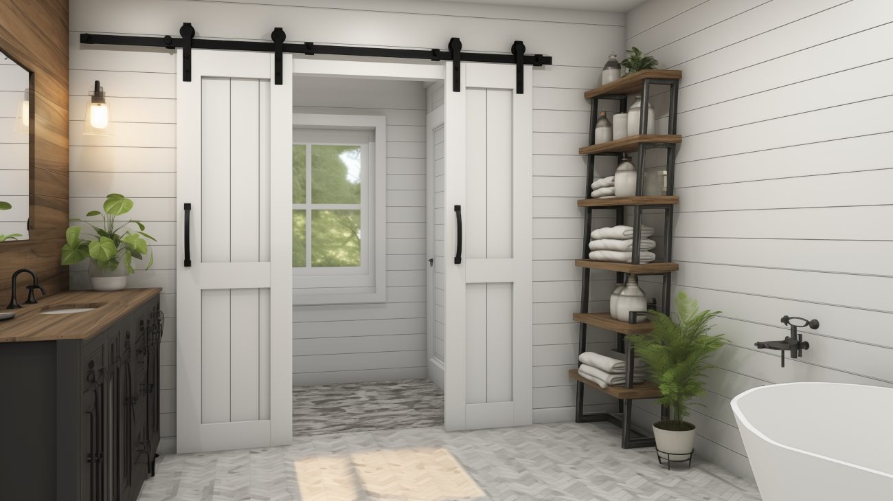 White wooden barn-style sliding doors in a farmhouse-style bathroom, with white wainscoting walls, a freestanding white bathtub, a brown wood vanity unit, and shelves