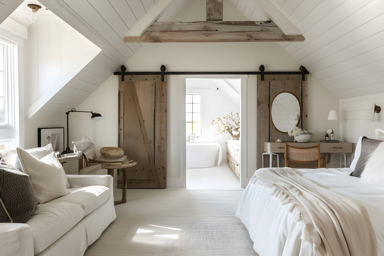 White attic bedroom with a window pierced into the sloping roof, two large wood barn sliding doors opened on a bright bathroom