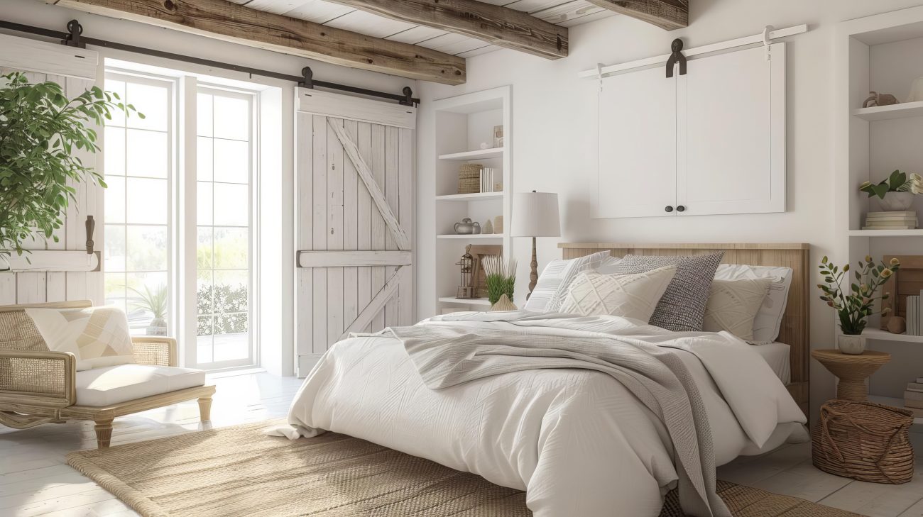 Farmhouse-style bedroom with a cozy bed, a ceiling supported by exposed natural wooden beams, rattan accessories and white wooden barn sliding doors opened onto French doors.