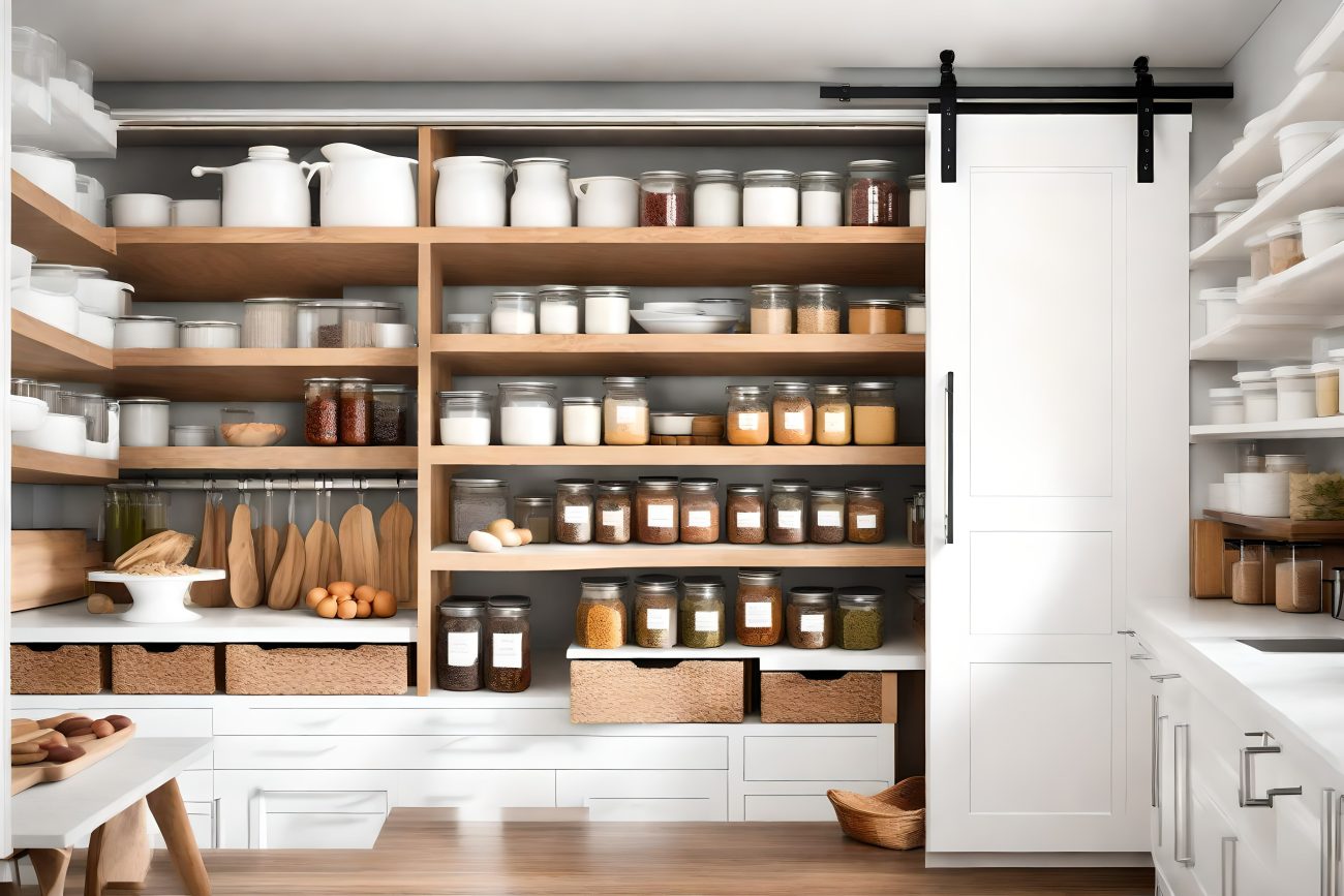 Pantry with open shelving, labeled containers and a sliding barn door