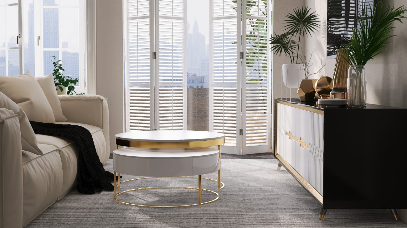 Living room in a luxurious urban apartment, featuring a plush beige sofa, table and dresser accented with gold metal, and folding doors adorned with white Venetian blinds