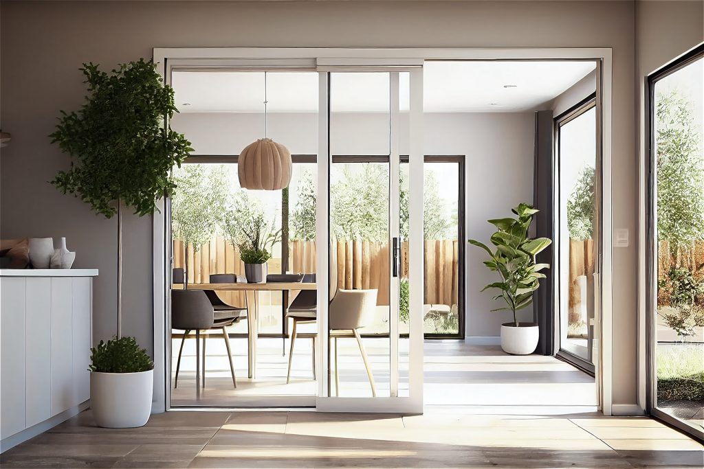 Patio doors dividing a dining room and a kitchen abundantly windowed, decorated with potted trees