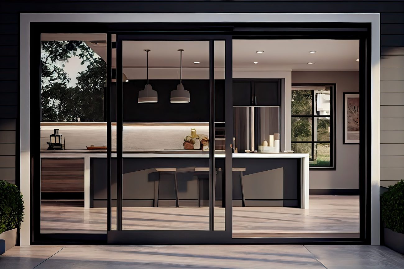 Sliding doors with black frames, in harmony with the minimalist kitchen in black, white, and taupe, adorned with a long countertop