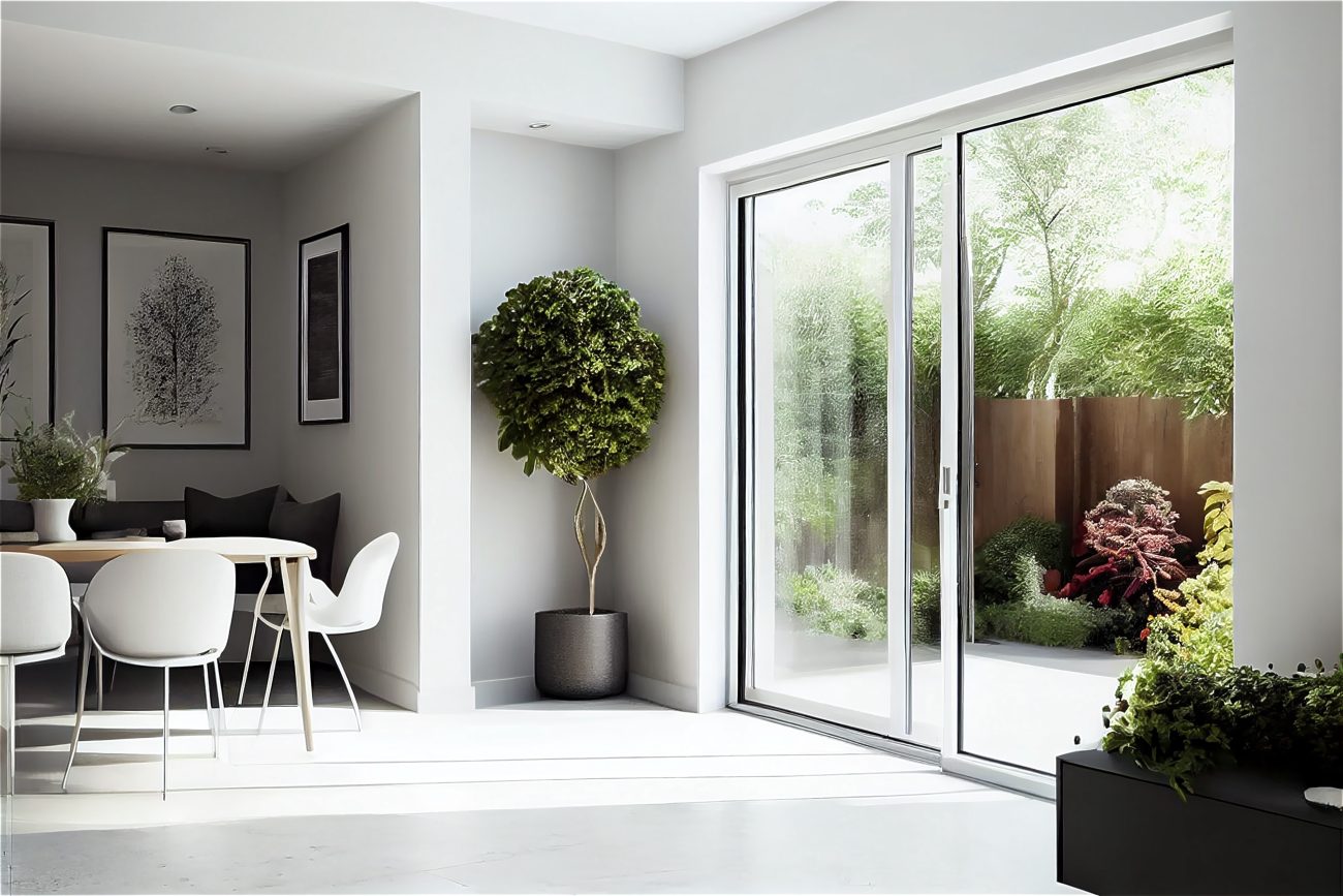 Dining room with white furniture in a windowed space with sliding doors open to a small patio and shrub garden